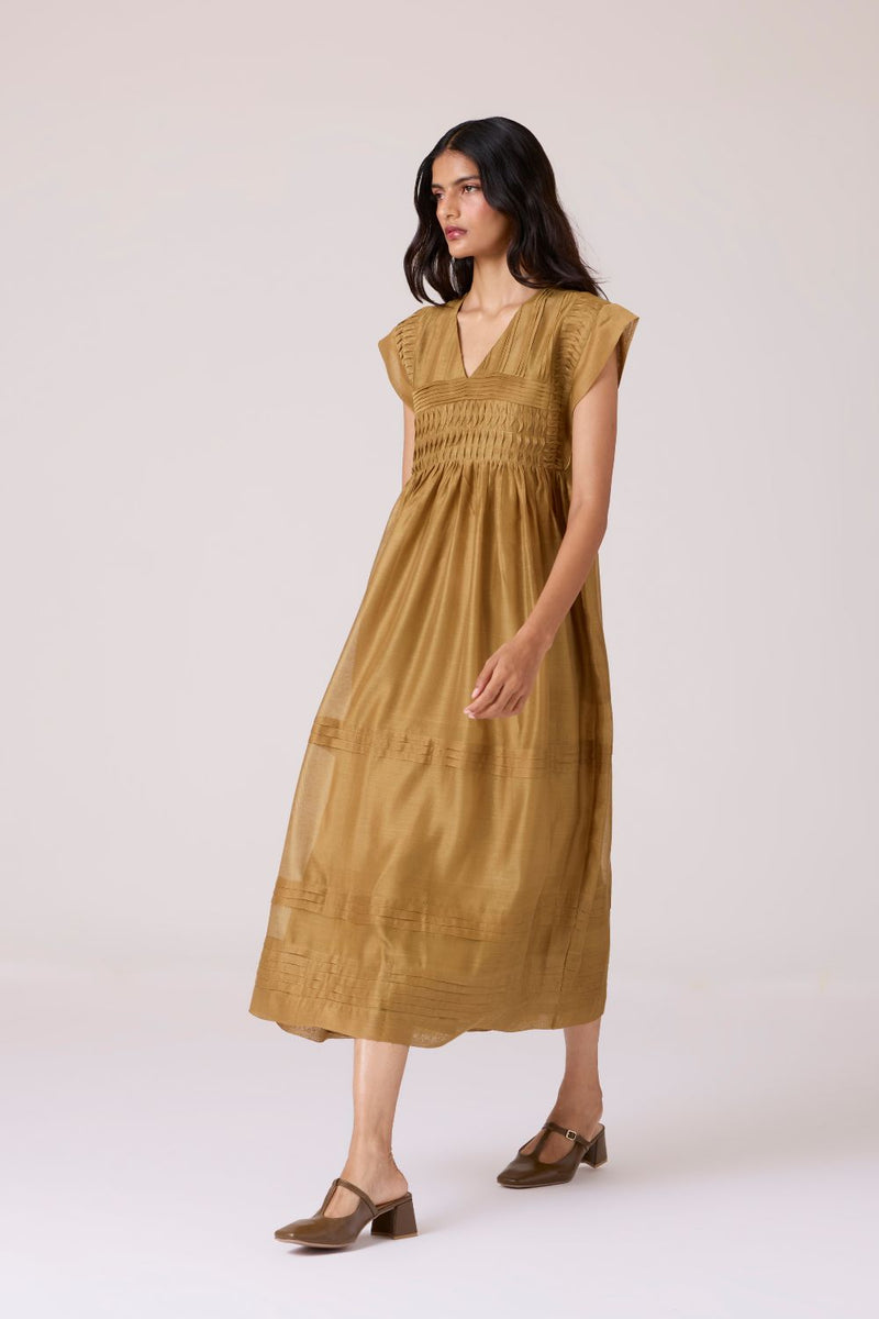 Aelia Yellow Handwoven Dress chanderi by The Summer House in yellow color for women in Singapore