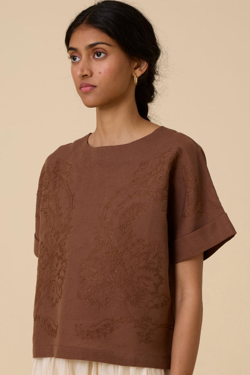 Affan Brown Embroidered Top cotton by The Summer House in brown color for women in Singapore