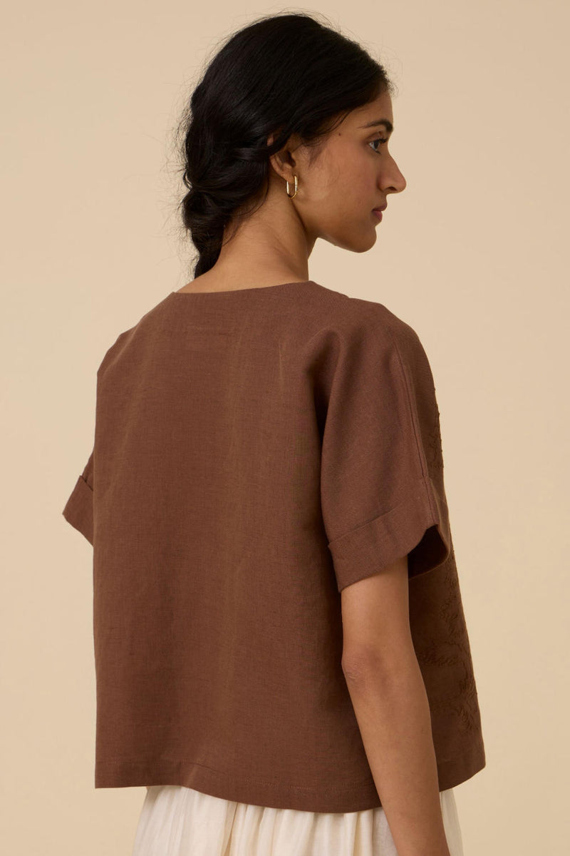 Affan Brown Embroidered Top cotton by The Summer House in brown color for women in Singapore
