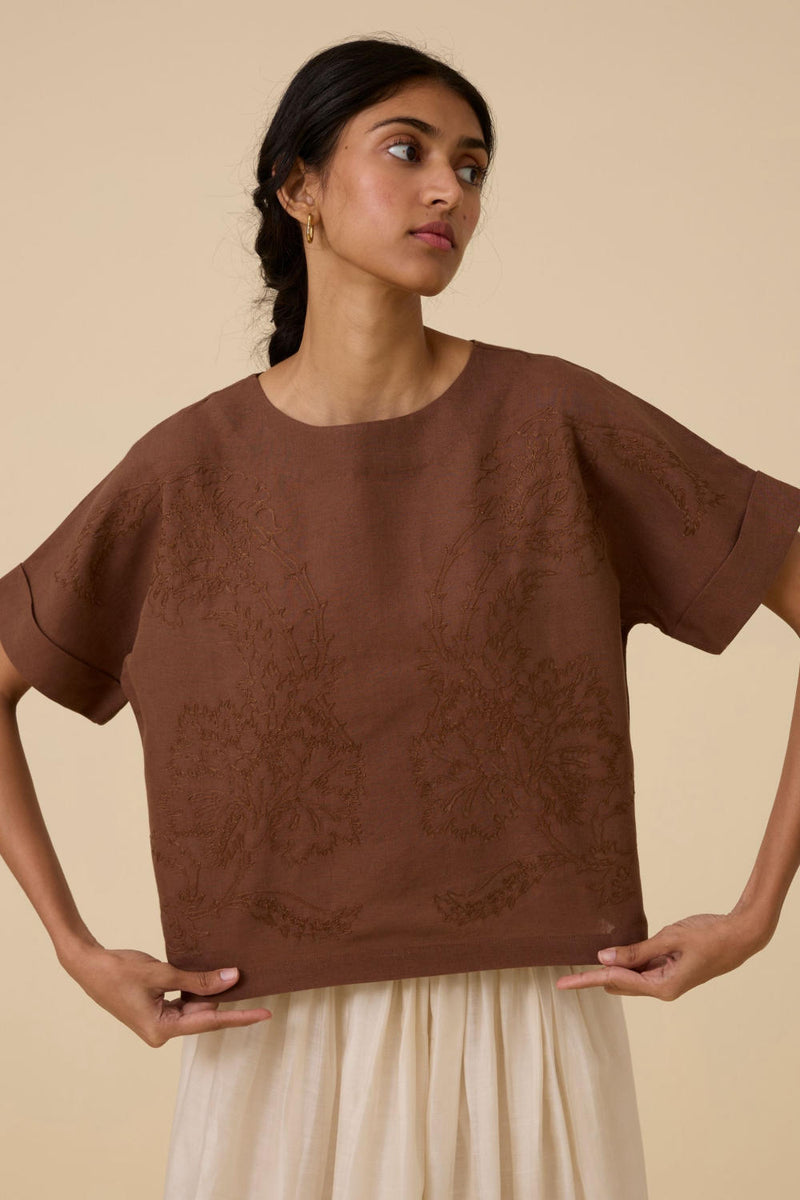 Affan Brown Embroidered Top cotton by The Summer House in brown color for women in Singapore