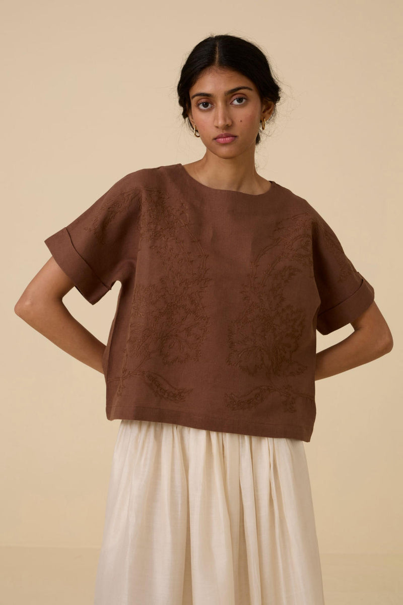 Affan Brown Embroidered Top cotton by The Summer House in brown color for women in Singapore