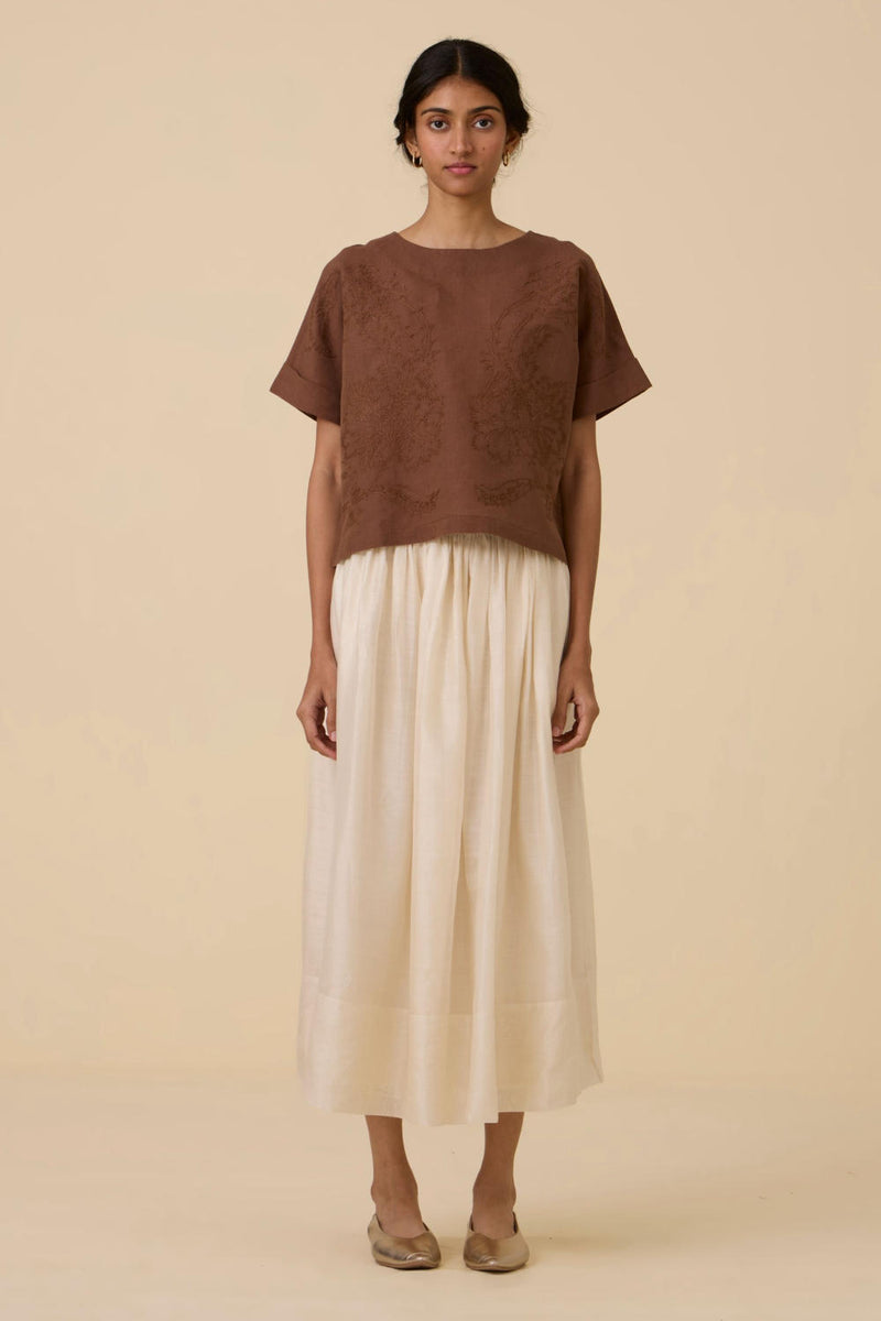 Affan Brown Embroidered Top cotton by The Summer House in brown color for women in Singapore