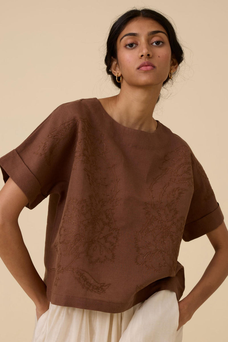 Affan Brown Embroidered Top cotton by The Summer House in brown color for women in Singapore