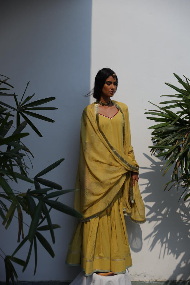 Afreen sharara set cotton Kurta/Kurta Sets by Khara Kapas in yellow for women in Singapore