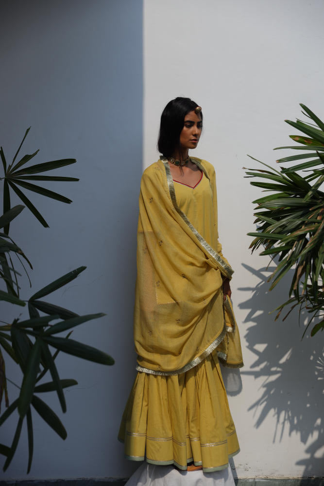 Afreen sharara set cotton Kurta/Kurta Sets by Khara Kapas in yellow for women in Singapore