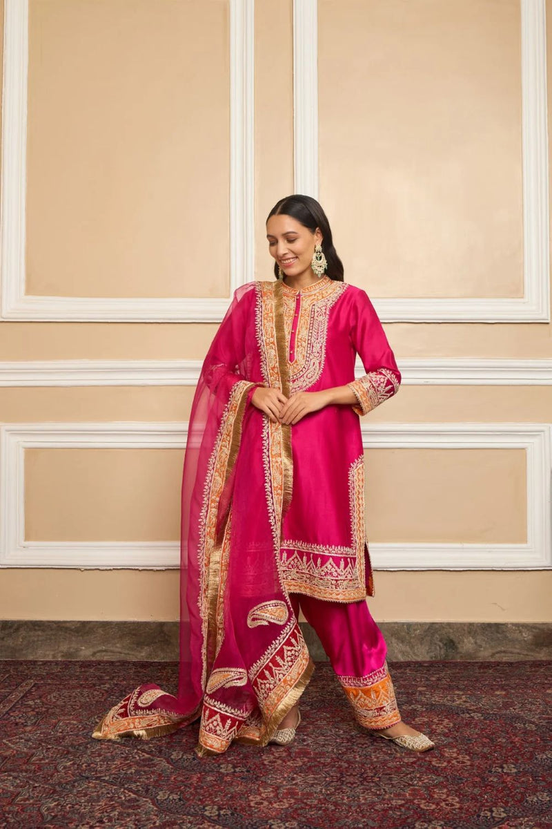 Afsaana Straight kurta with salwar and dupatta-Hotpink silk by SHEETAL BATRA in pink color for women in Singapore