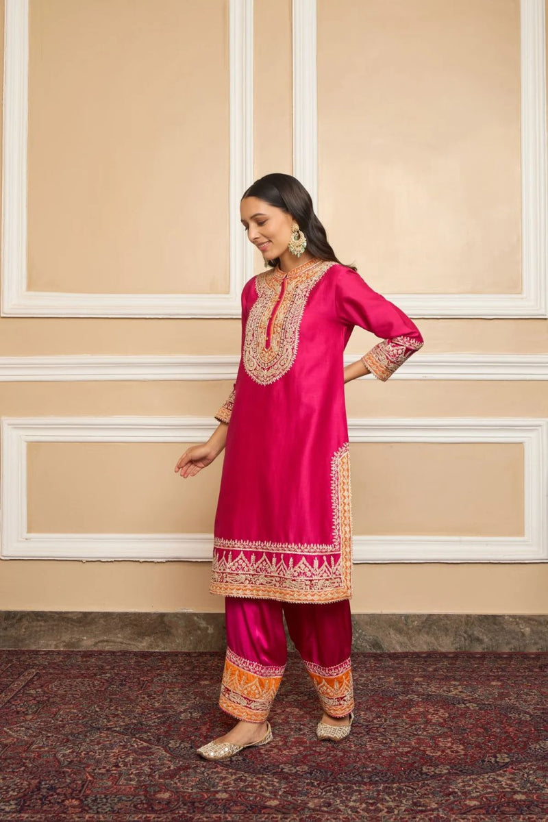 Afsaana Straight kurta with salwar and dupatta-Hotpink silk by SHEETAL BATRA in pink color for women in Singapore
