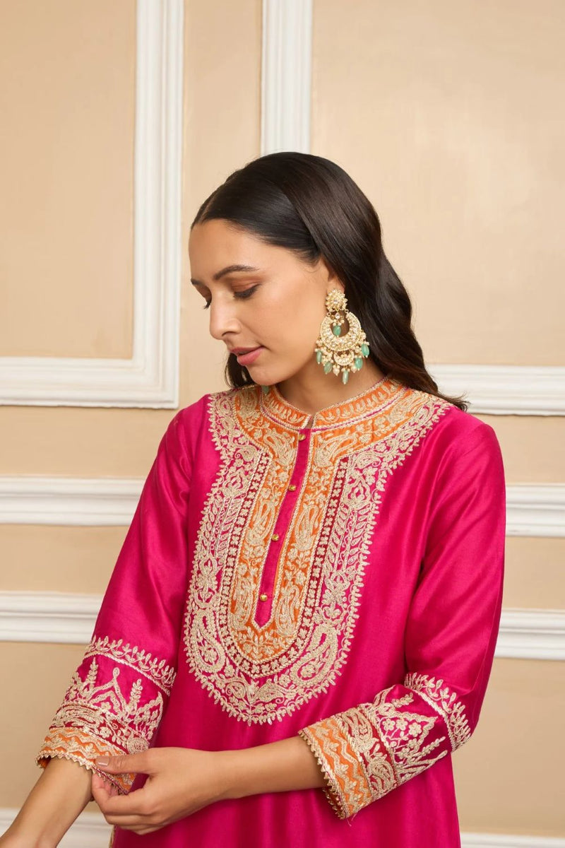 Afsaana Straight kurta with salwar and dupatta-Hotpink silk by SHEETAL BATRA in pink color for women in Singapore