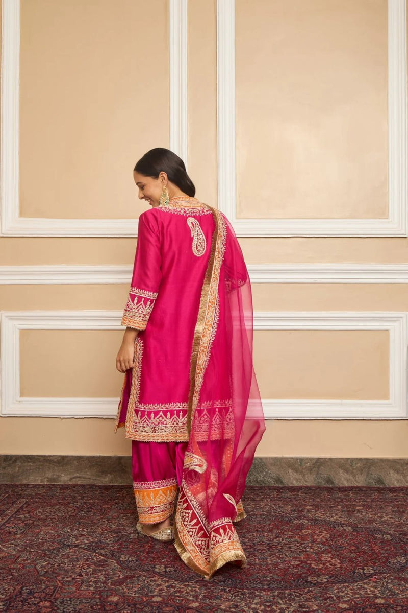 Afsaana Straight kurta with salwar and dupatta-Hotpink silk by SHEETAL BATRA in pink color for women in Singapore