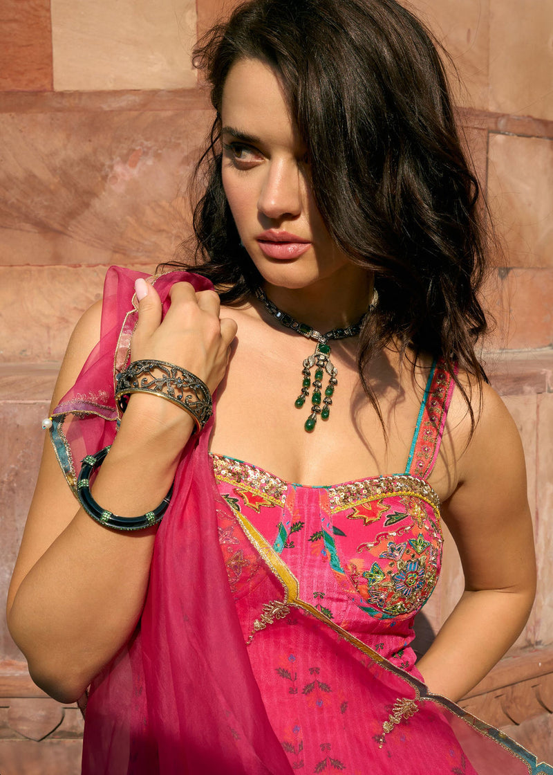 After Hours Hot Pink Embroidered Corset Anarkali Set crepe, organza kurta/kurta set by Rajiramniq in pink for women in Singapore