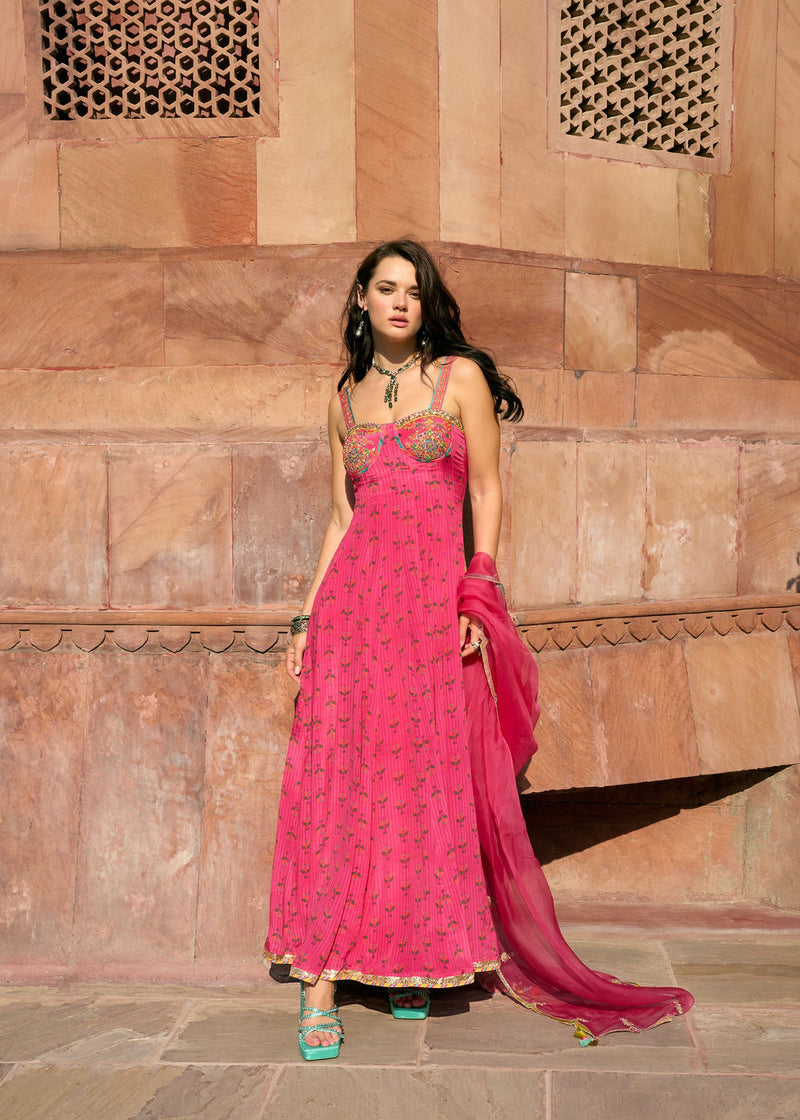 After Hours Hot Pink Embroidered Corset Anarkali Set crepe, organza kurta/kurta set by Rajiramniq in pink for women in Singapore