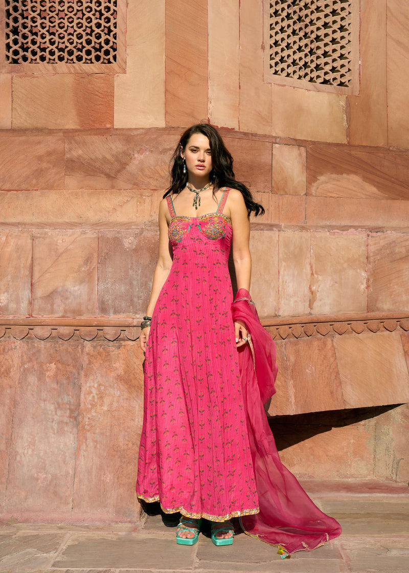 After Hours Hot Pink Embroidered Corset Anarkali Set crepe, organza kurta/kurta set by Rajiramniq in pink for women in Singapore