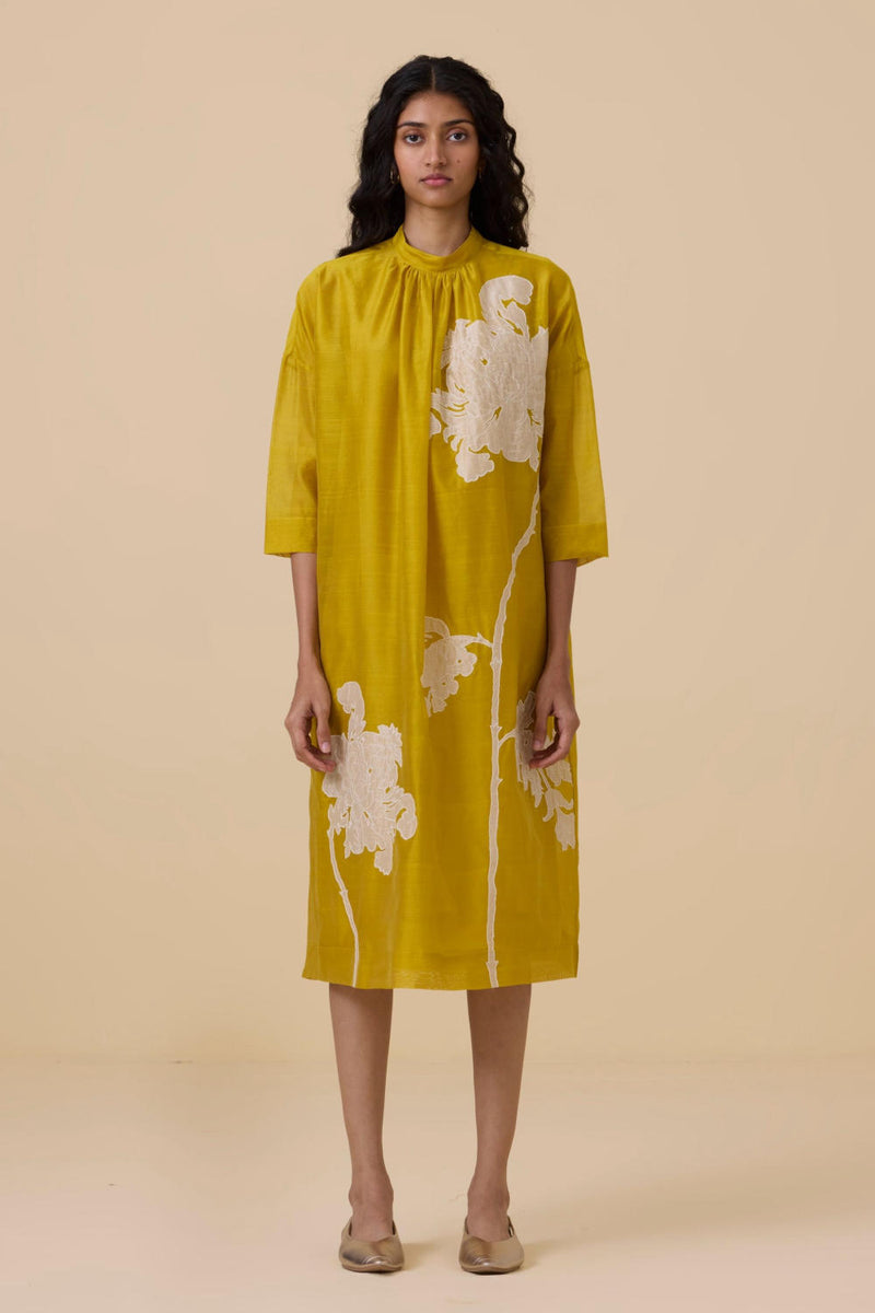 Aira Yellow Handwoven Embroidered Dress chanderi by The Summer House in yellow color for women in Singapore
