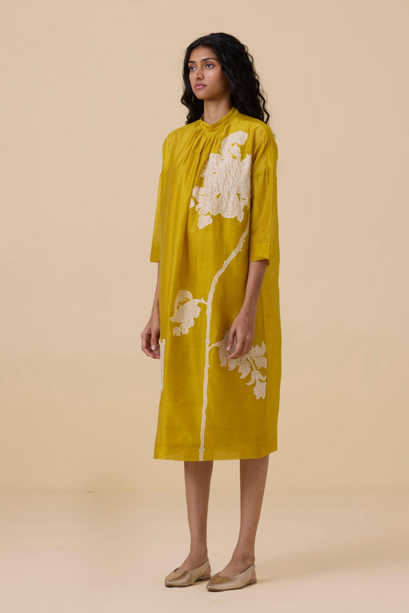 Aira Yellow Handwoven Embroidered Dress chanderi by The Summer House in yellow color for women in Singapore