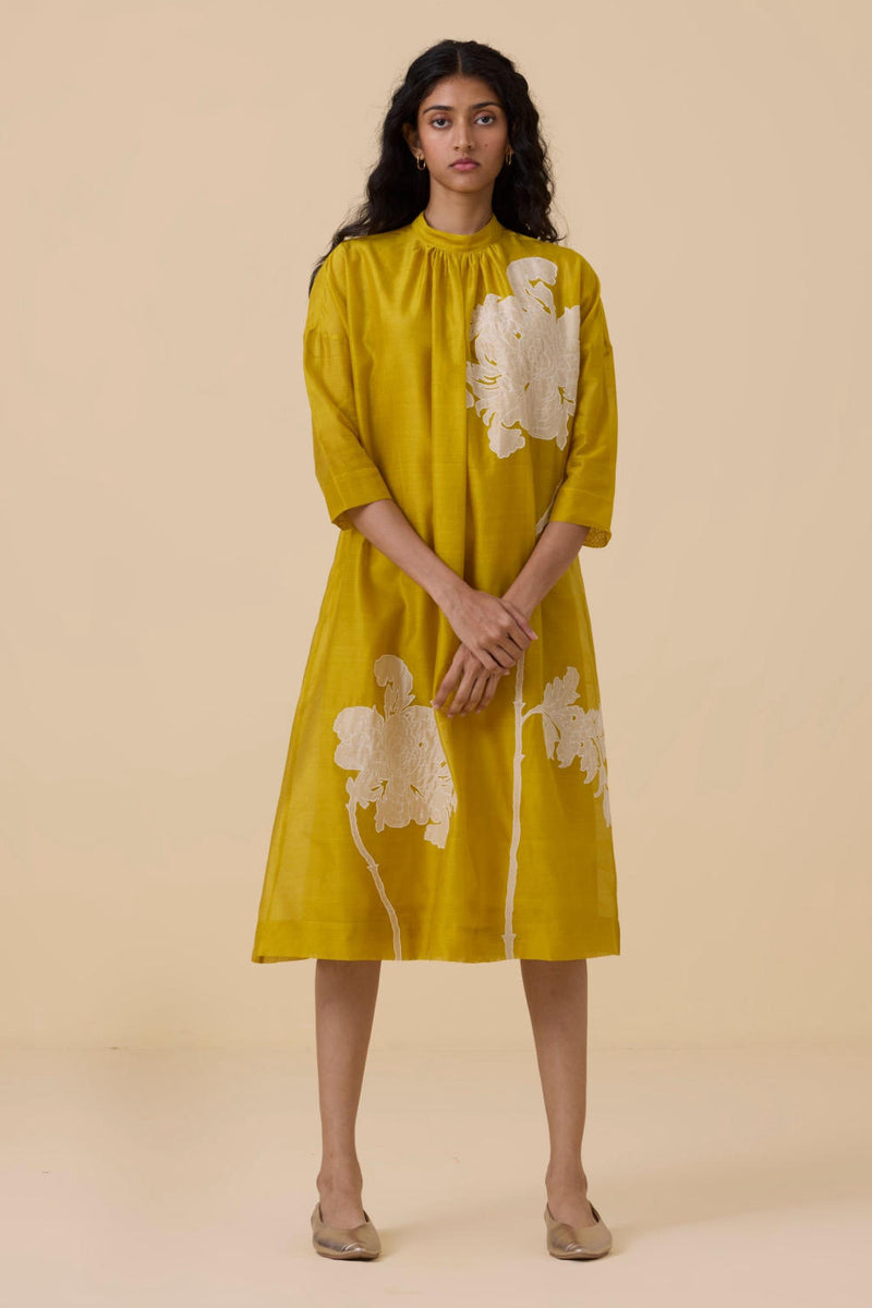 Aira Yellow Handwoven Embroidered Dress chanderi by The Summer House in yellow color for women in Singapore