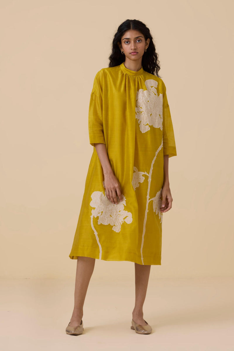 Aira Yellow Handwoven Embroidered Dress chanderi by The Summer House in yellow color for women in Singapore