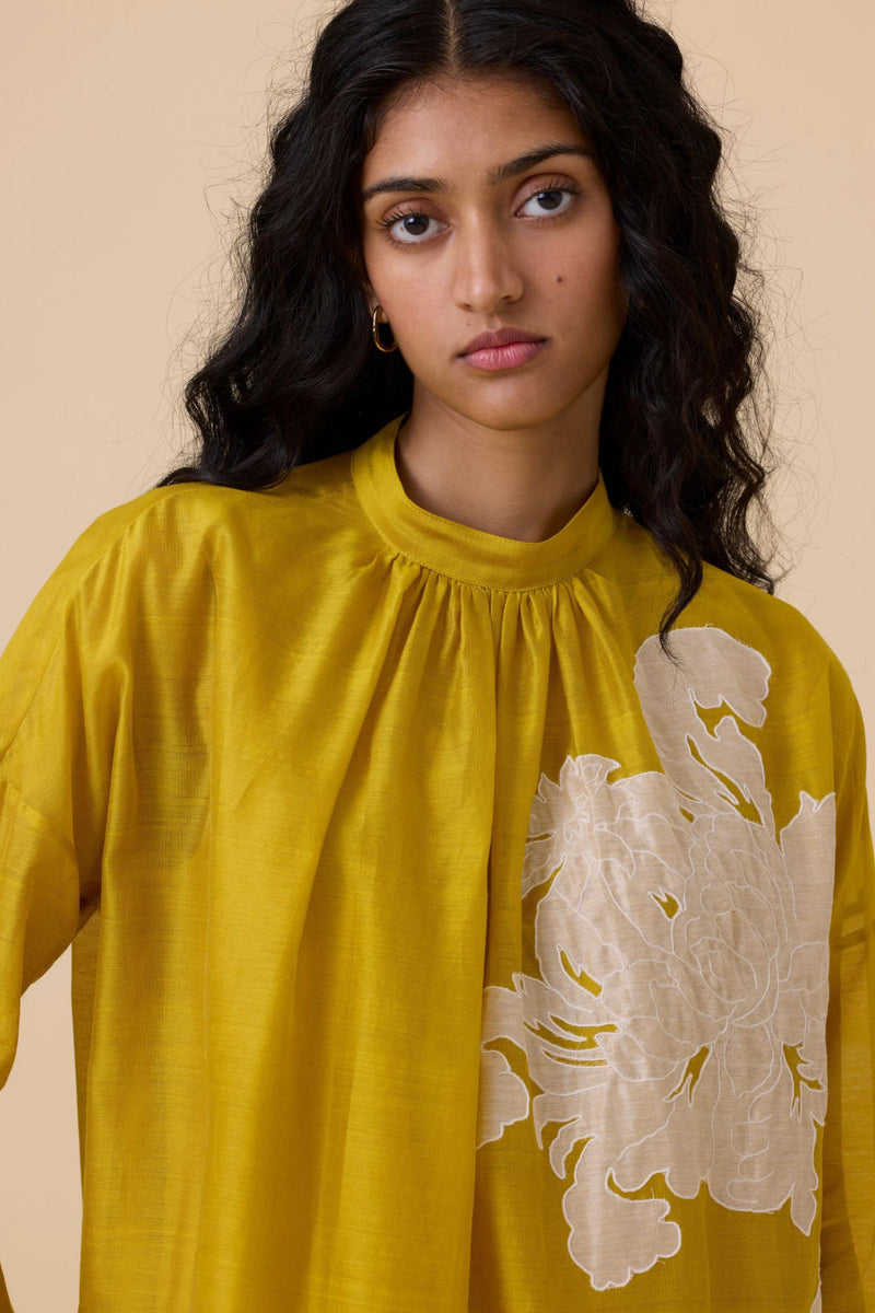 Aira Yellow Handwoven Embroidered Dress chanderi by The Summer House in yellow color for women in Singapore