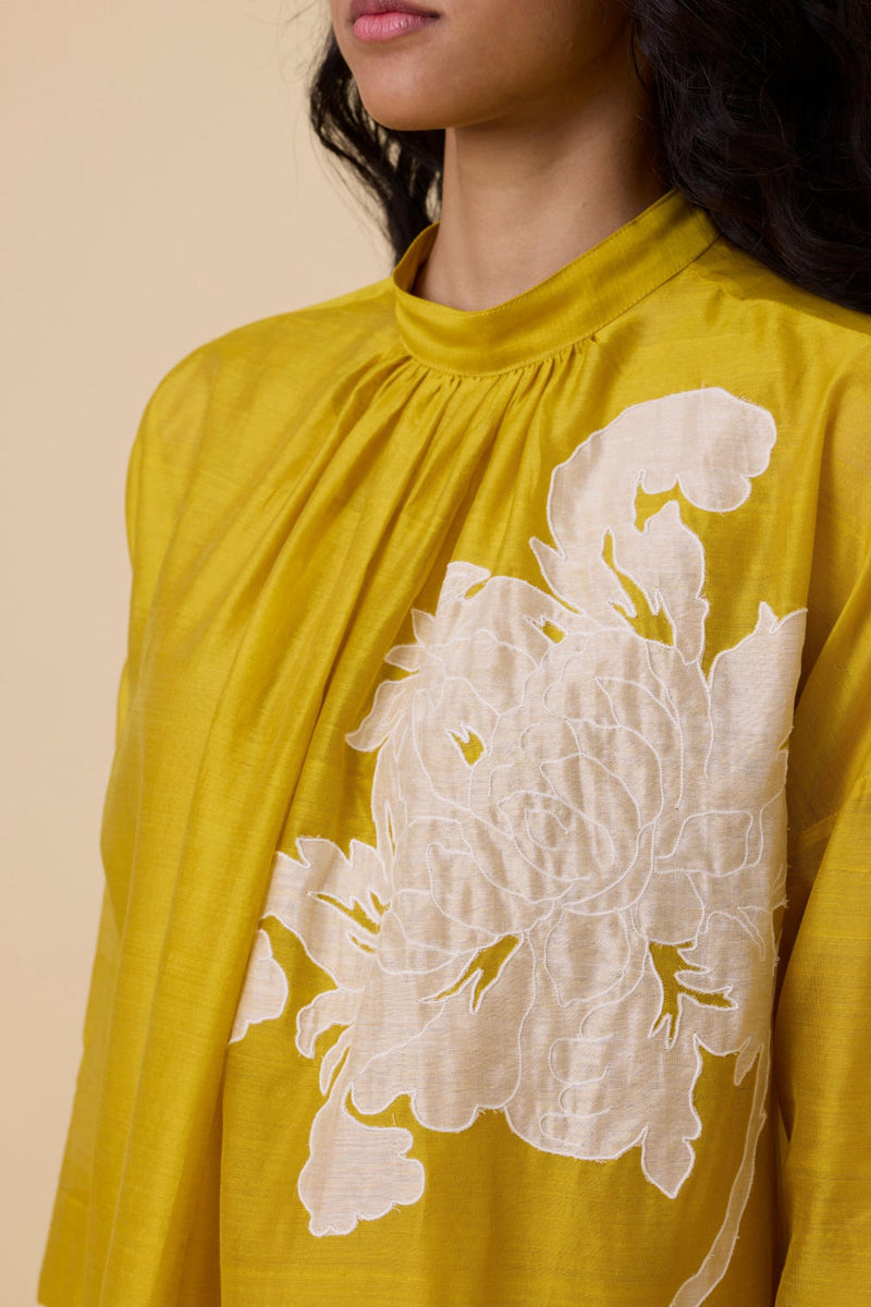 Aira Yellow Handwoven Embroidered Dress chanderi by The Summer House in yellow color for women in Singapore