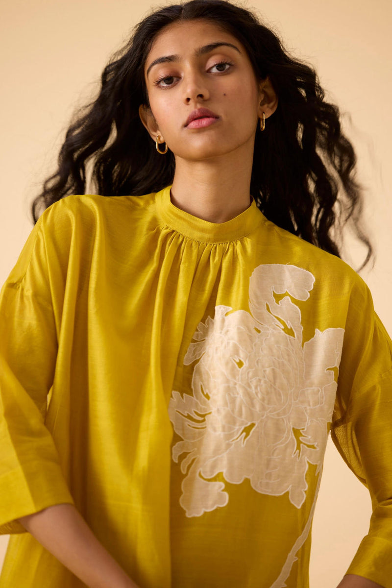 Aira Yellow Handwoven Embroidered Dress chanderi by The Summer House in yellow color for women in Singapore