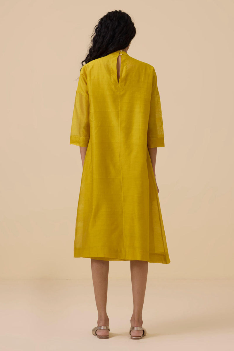 Aira Yellow Handwoven Embroidered Dress chanderi by The Summer House in yellow color for women in Singapore