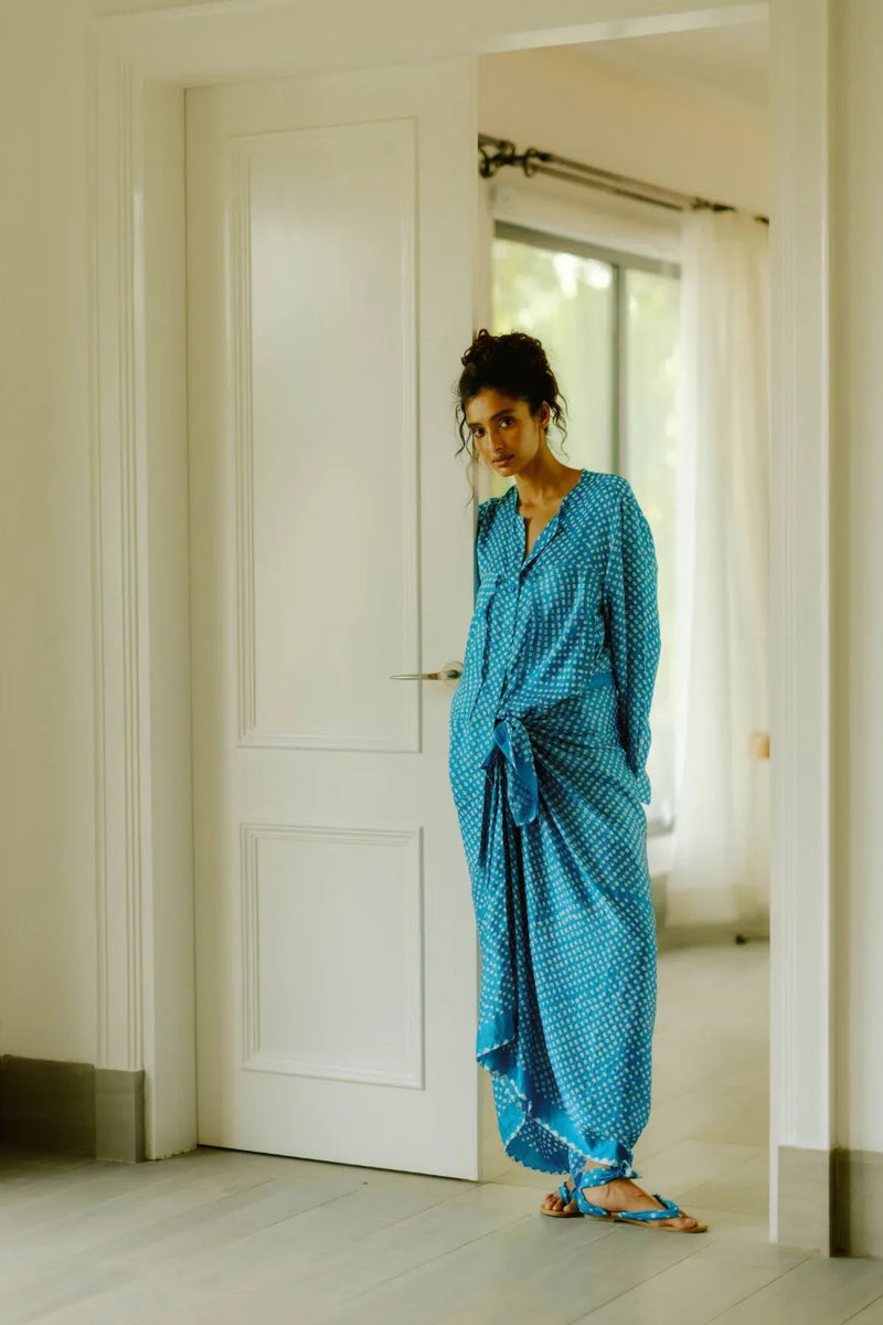 Akasha Silk Bandhani Sarong Dress silk Buy Akasha Silk Bandhani Sarong Dress from C&W | Dresses for Women by Ituvana in blue color for women in Singapore