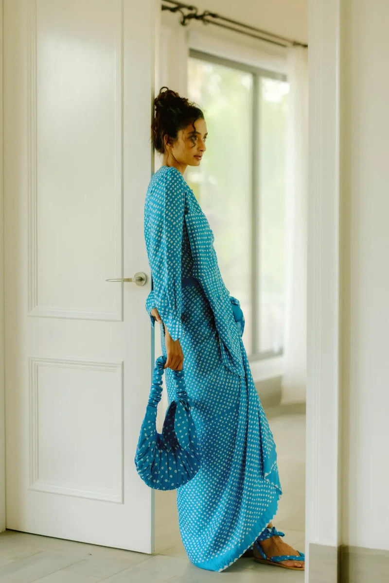 Akasha Silk Bandhani Sarong Dress silk Buy Akasha Silk Bandhani Sarong Dress from C&W | Dresses for Women by Ituvana in blue color for women in Singapore