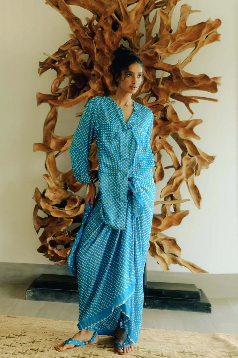Akasha Silk Bandhani Sarong Dress silk Buy Akasha Silk Bandhani Sarong Dress from C&W | Dresses for Women by Ituvana in blue color for women in Singapore