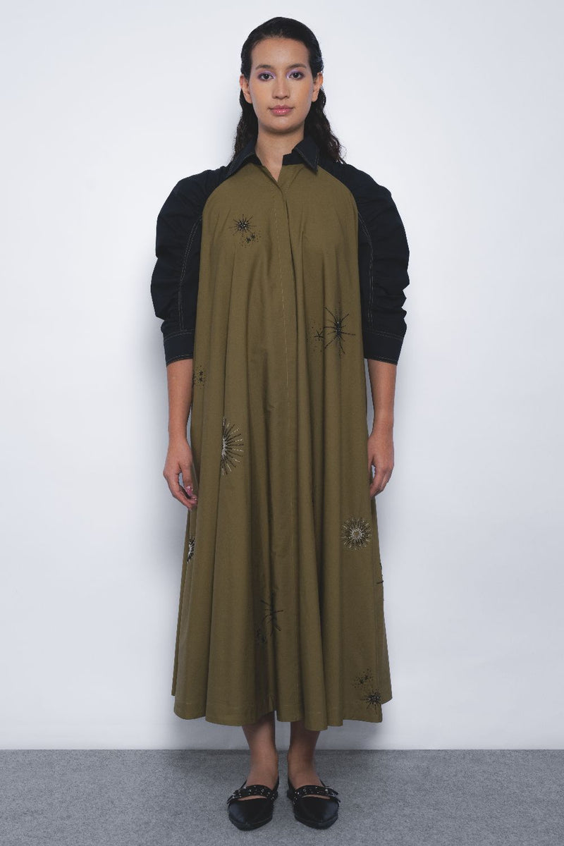 Alea Starlight Dress - Olive and Black cotton Buy Alea Starlight Dress - Olive and Black from C&W | Dresses for Women by Leh Studios in multi color for women in Singapore