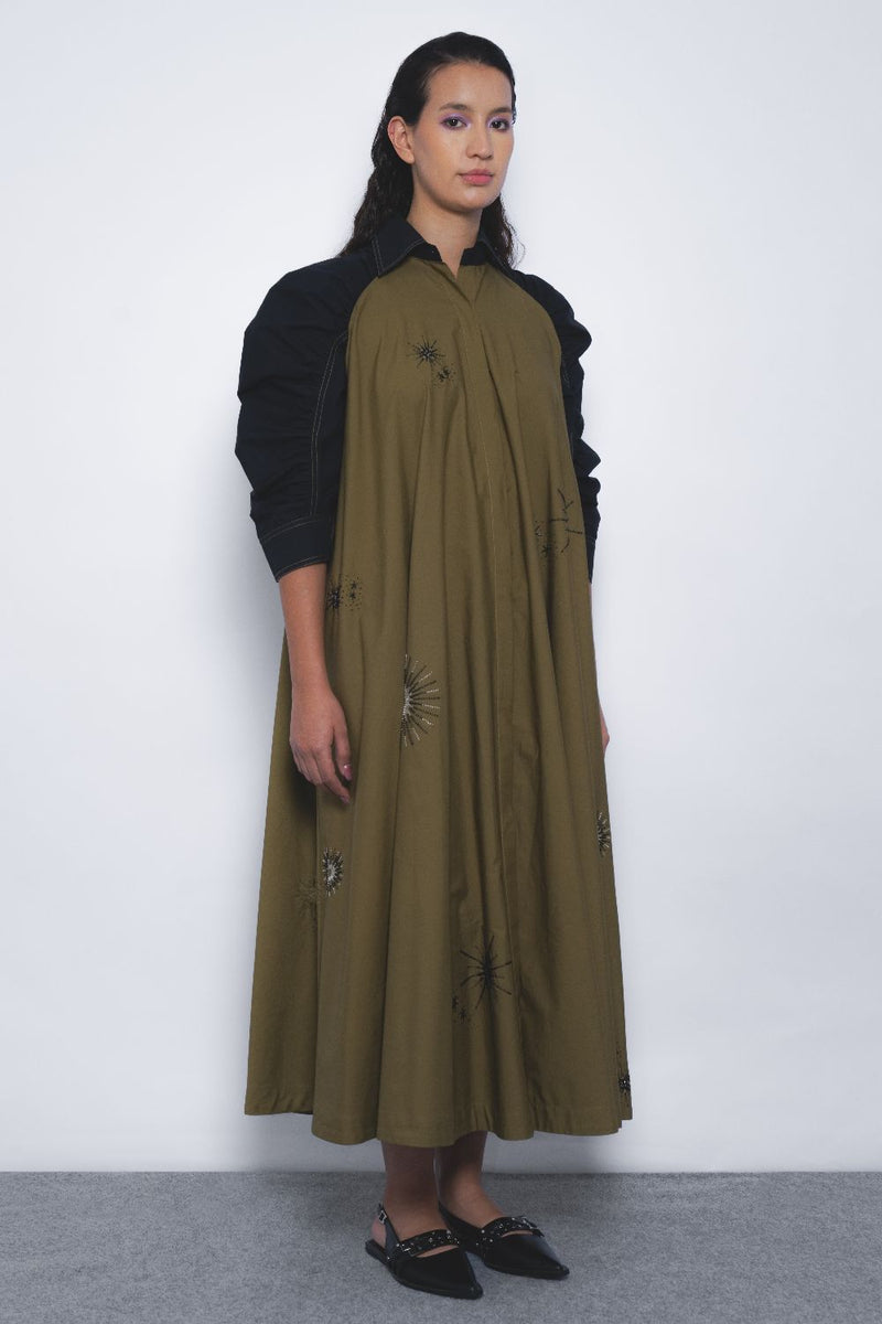 Alea Starlight Dress - Olive and Black cotton Buy Alea Starlight Dress - Olive and Black from C&W | Dresses for Women by Leh Studios in multi color for women in Singapore