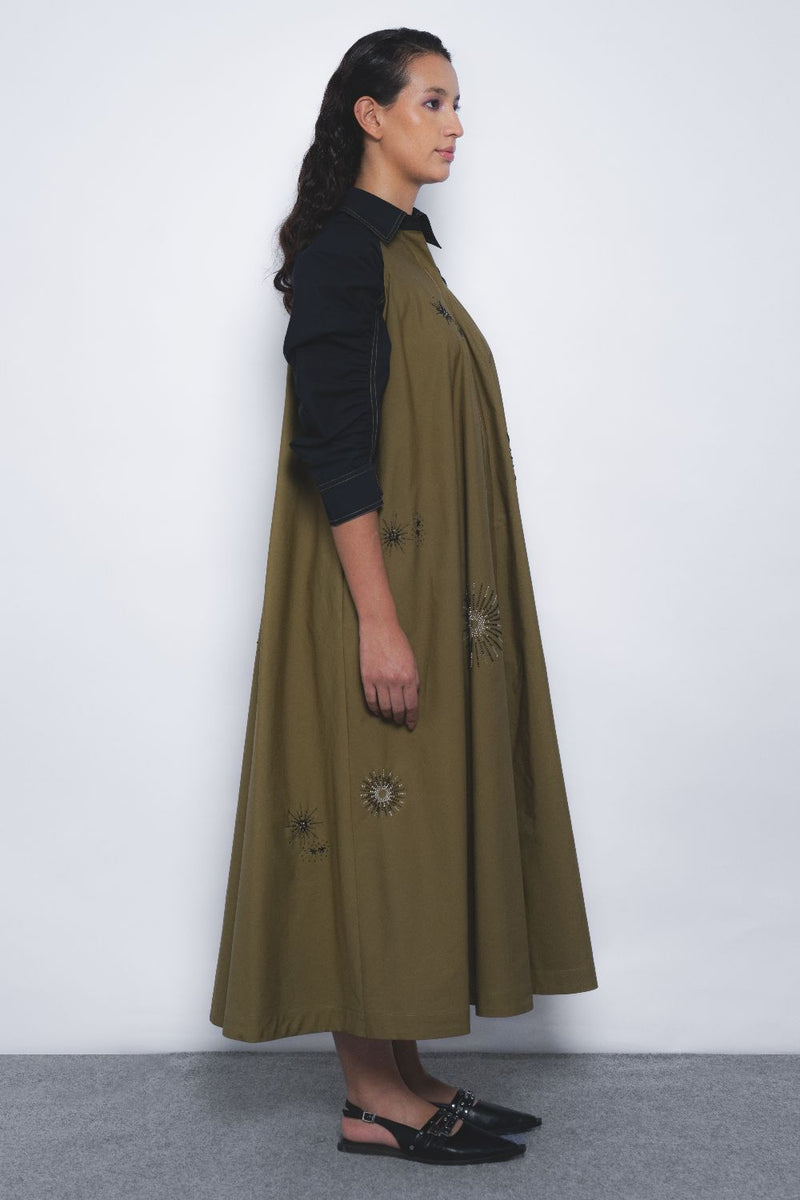 Alea Starlight Dress - Olive and Black cotton Buy Alea Starlight Dress - Olive and Black from C&W | Dresses for Women by Leh Studios in multi color for women in Singapore