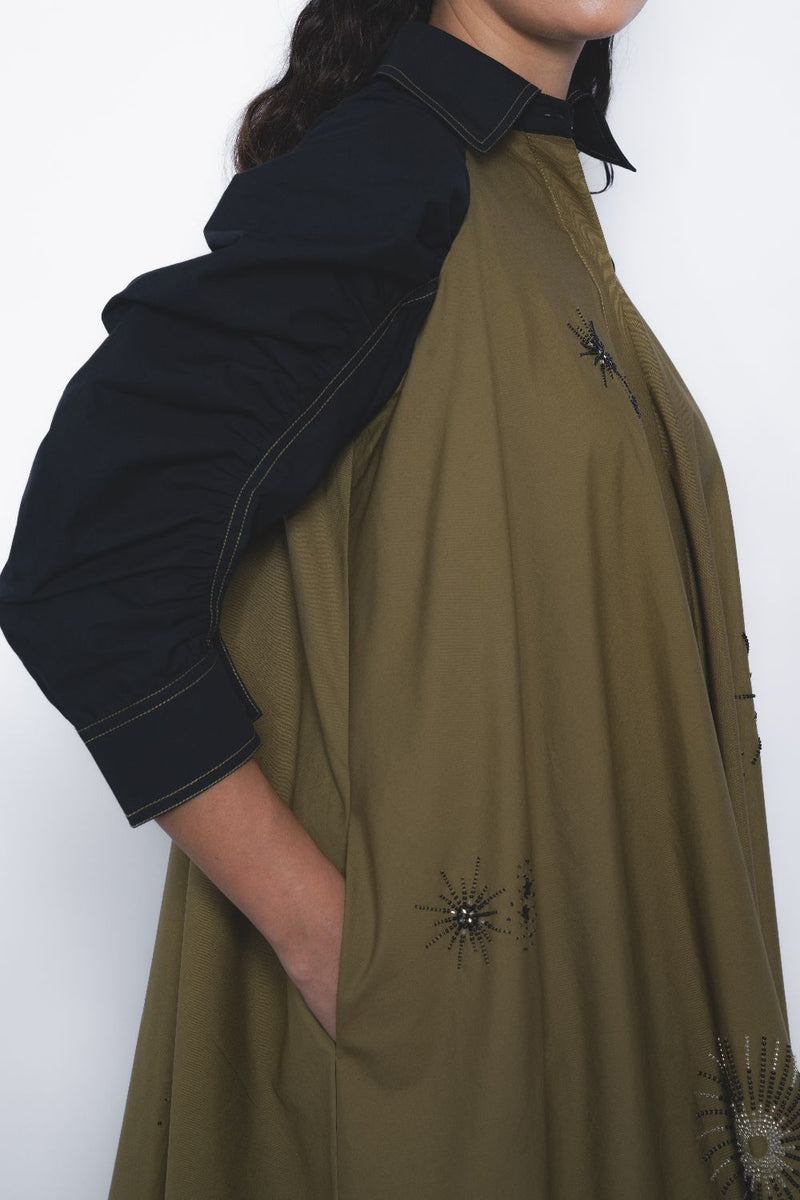 Alea Starlight Dress - Olive and Black cotton Buy Alea Starlight Dress - Olive and Black from C&W | Dresses for Women by Leh Studios in multi color for women in Singapore