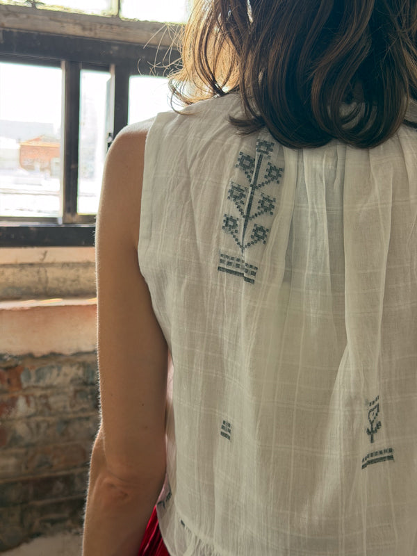 Alice Top-White Jamdani cotton jamdani top/shirt by World of Crow in white for women in Singapore