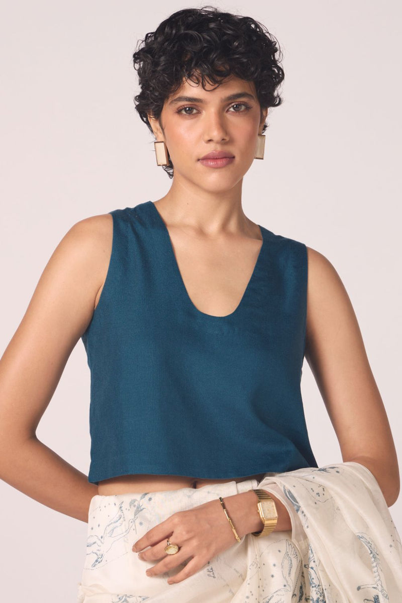 Altair Blue Silk Crop Top silk by The Summer House in blue color for women in Singapore