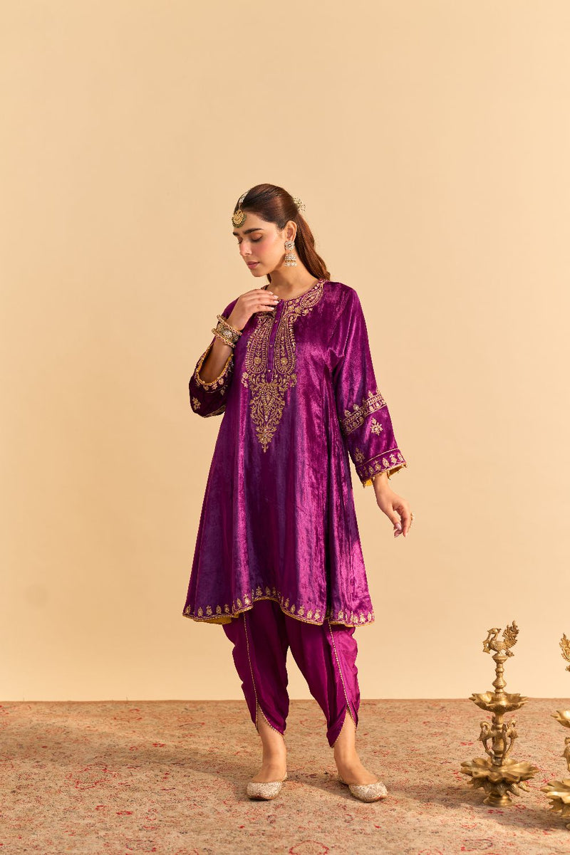 Amal - Deep Purple A-line Kurta with Dhoti with Dupatta by SHEETAL BATRA for women in Singapore