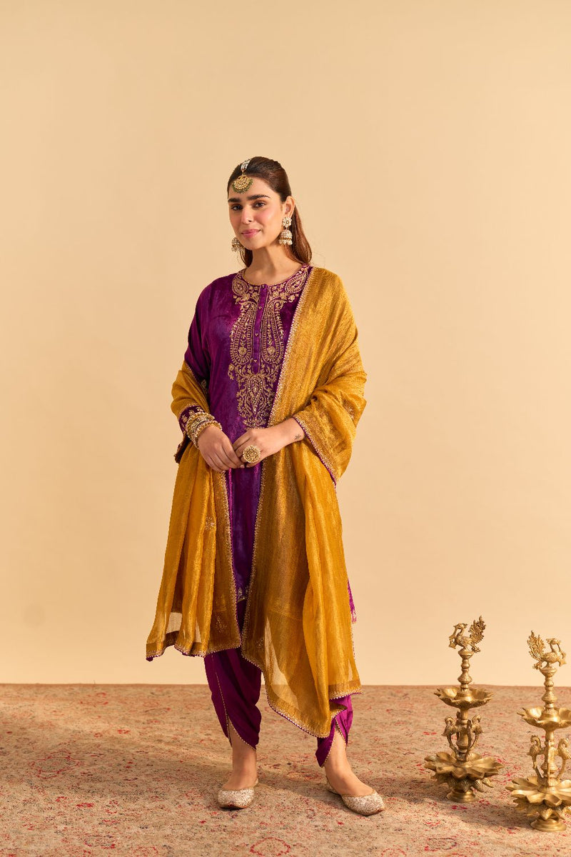 Amal - Deep Purple A-line Kurta with Dhoti with Dupatta by SHEETAL BATRA for women in Singapore