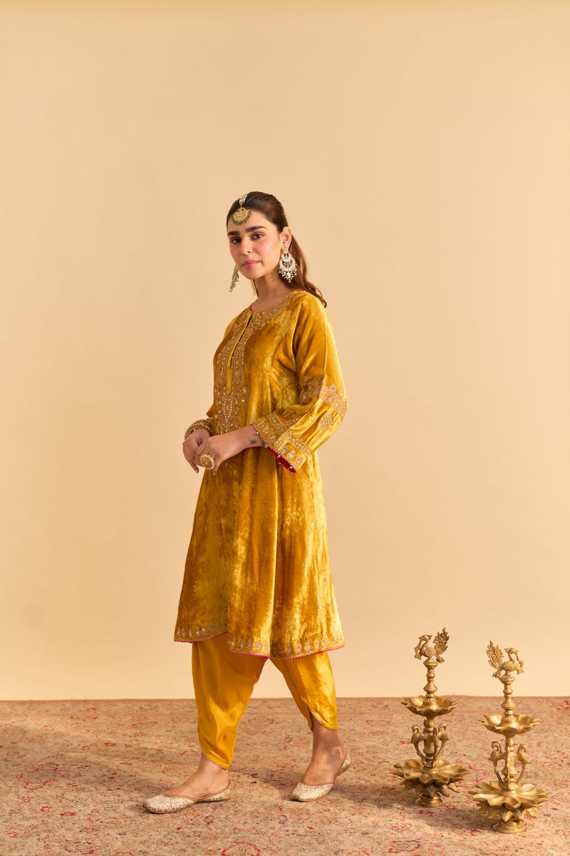 Amal - Mustard A-line Kurta with Dhoti and Dupatta by SHEETAL BATRA for women in Singapore