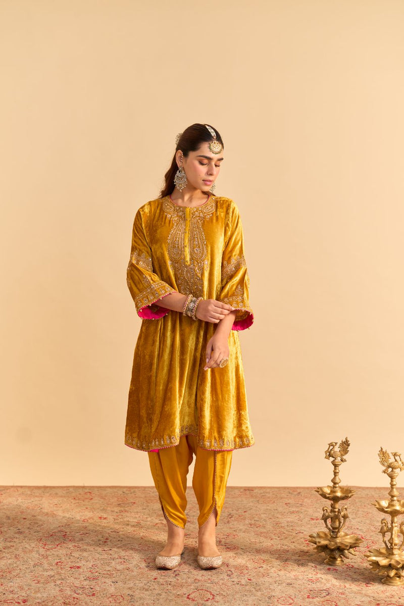 Amal - Mustard A-line Kurta with Dhoti and Dupatta by SHEETAL BATRA for women in Singapore