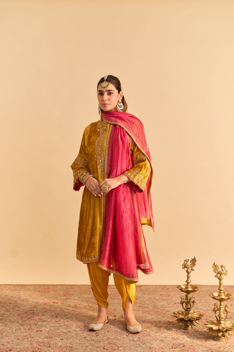 Amal - Mustard A-line Kurta with Dhoti and Dupatta by SHEETAL BATRA for women in Singapore