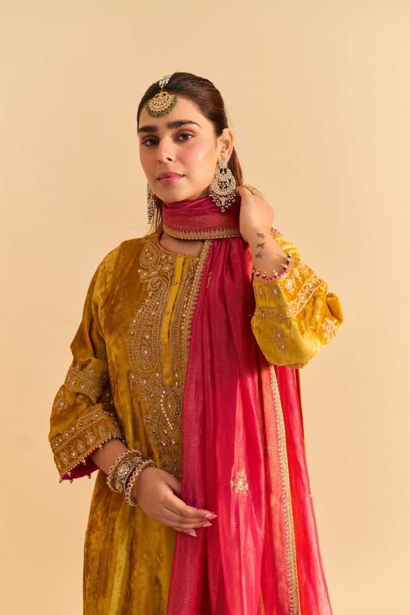 Amal - Mustard A-line Kurta with Dhoti and Dupatta by SHEETAL BATRA for women in Singapore