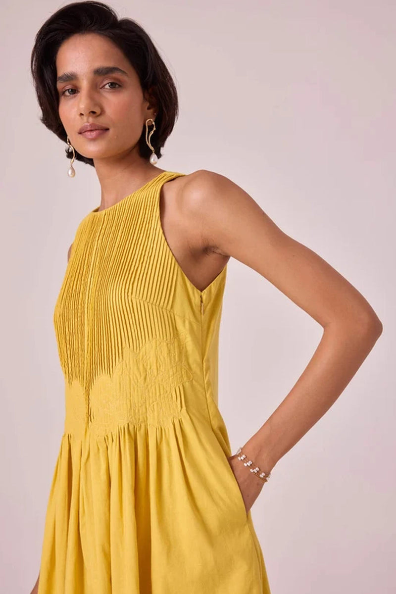 Amani Yellow Embroidered Dress organic cotton cambric dress by The Summer House in yellow for women in Singapore