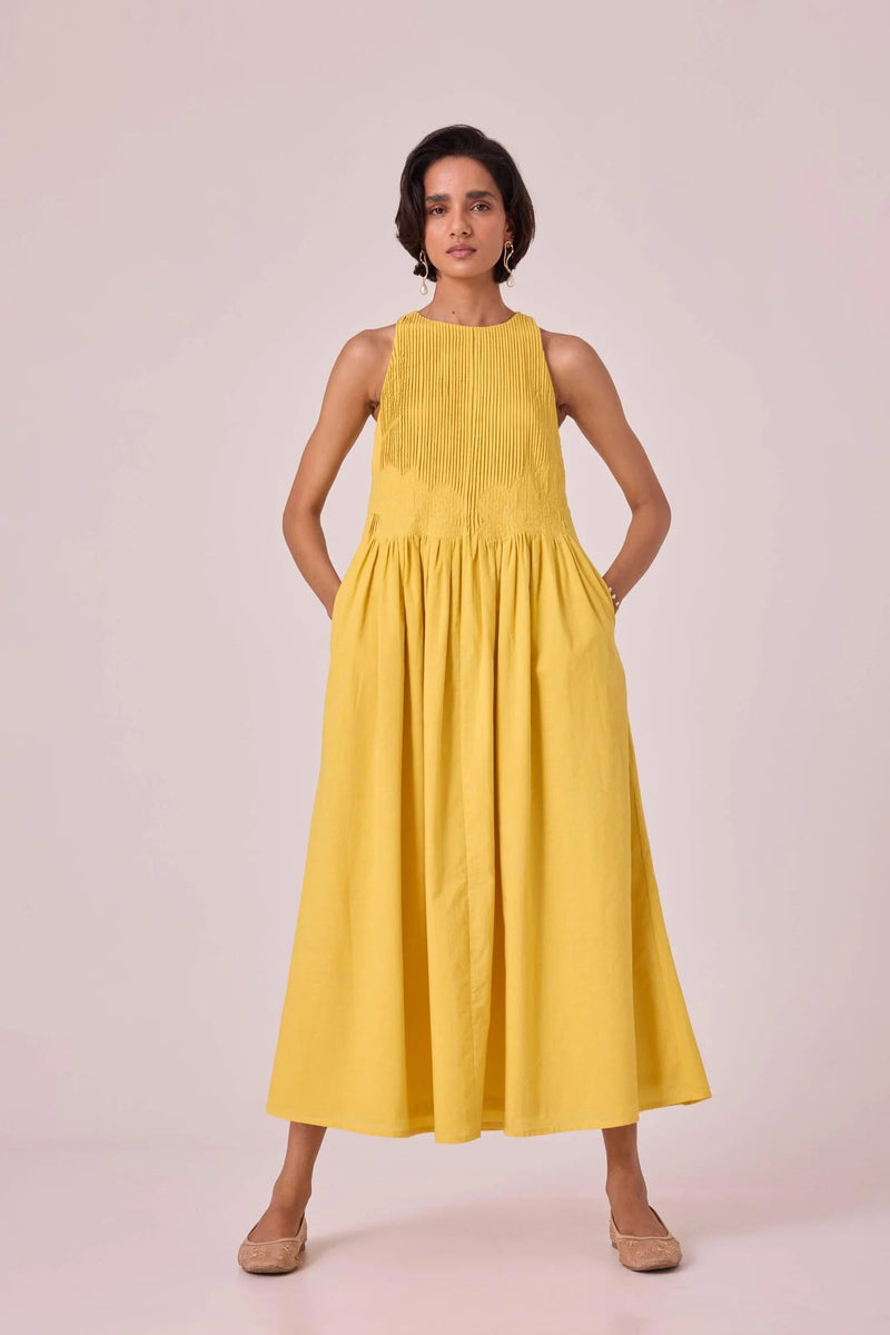 Amani Yellow Embroidered Dress organic cotton cambric dress by The Summer House in yellow for women in Singapore