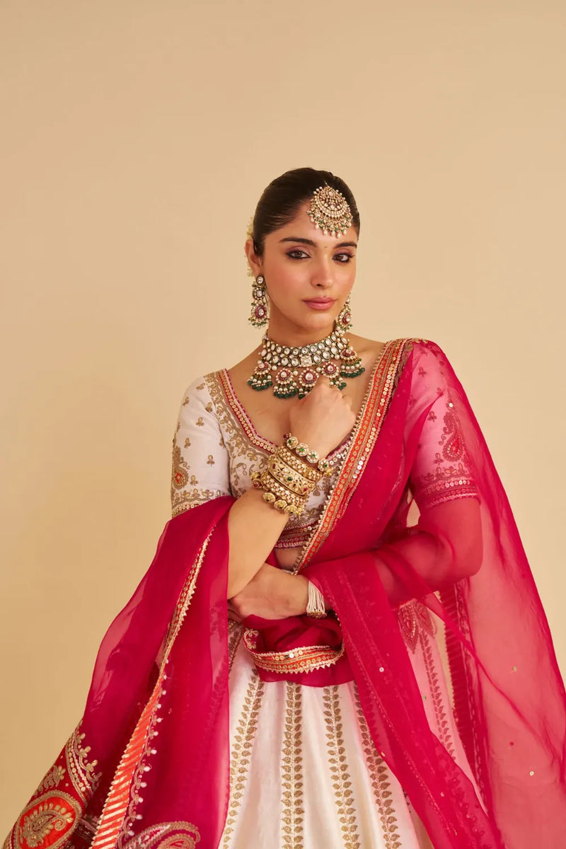 Amara - Handcrafted Pure Silk Daisy Ivory Lehenga Set silk by SHEETAL BATRA in pink color for women in Singapore