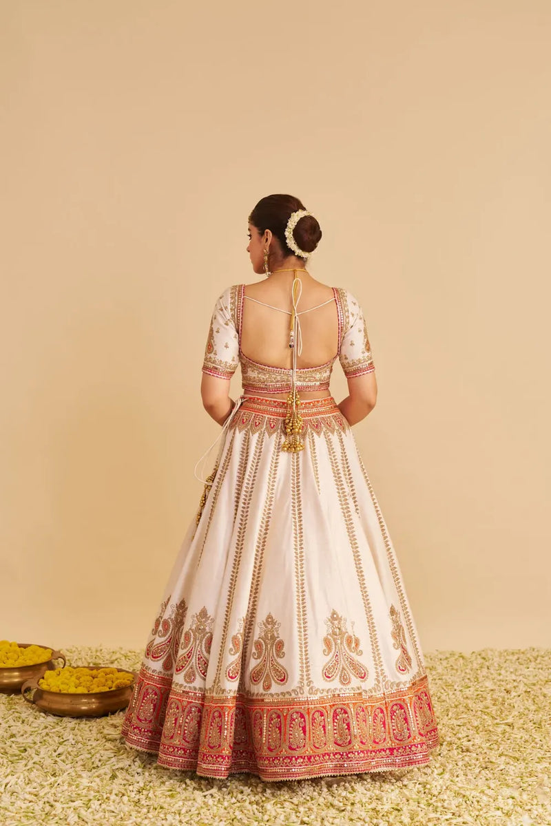 Amara - Handcrafted Pure Silk Daisy Ivory Lehenga Set silk by SHEETAL BATRA in pink color for women in Singapore