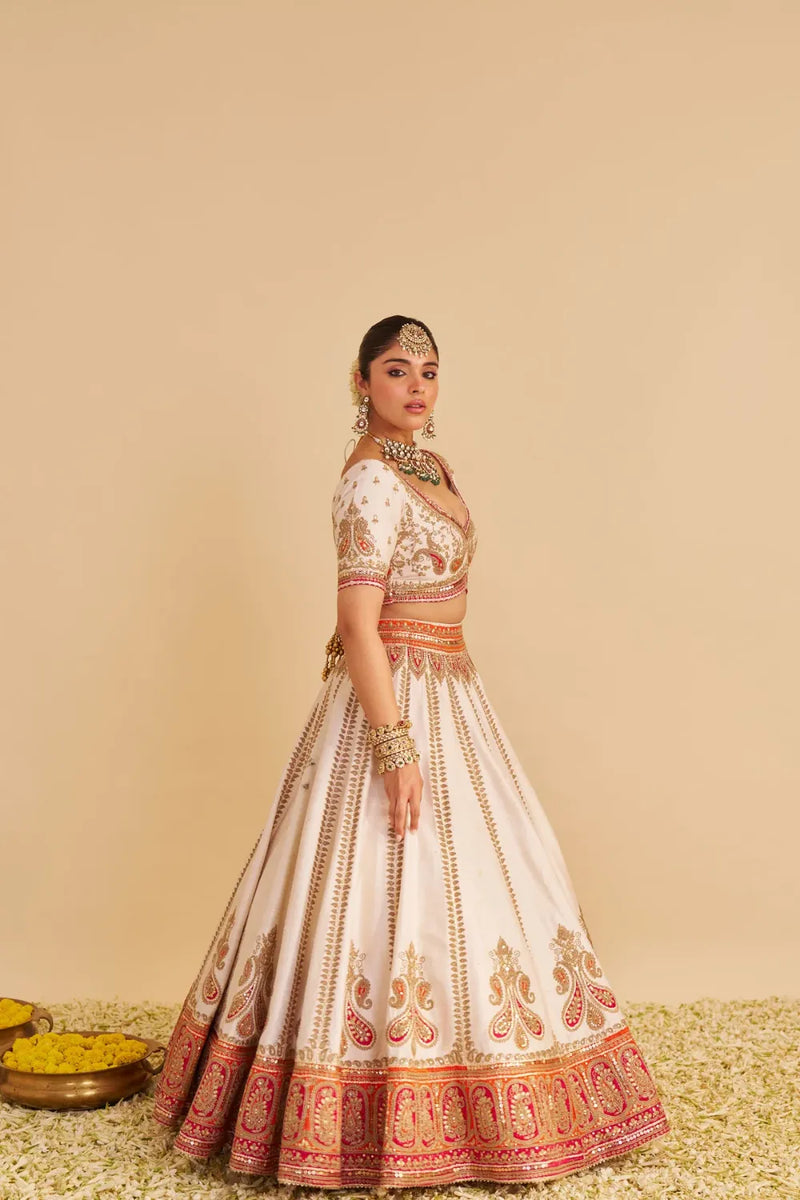 Amara - Handcrafted Pure Silk Daisy Ivory Lehenga Set silk by SHEETAL BATRA in pink color for women in Singapore