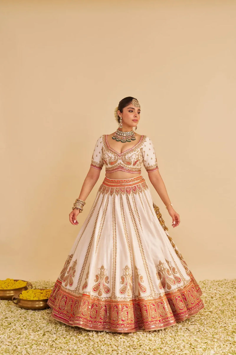 Amara - Handcrafted Pure Silk Daisy Ivory Lehenga Set silk by SHEETAL BATRA in pink color for women in Singapore