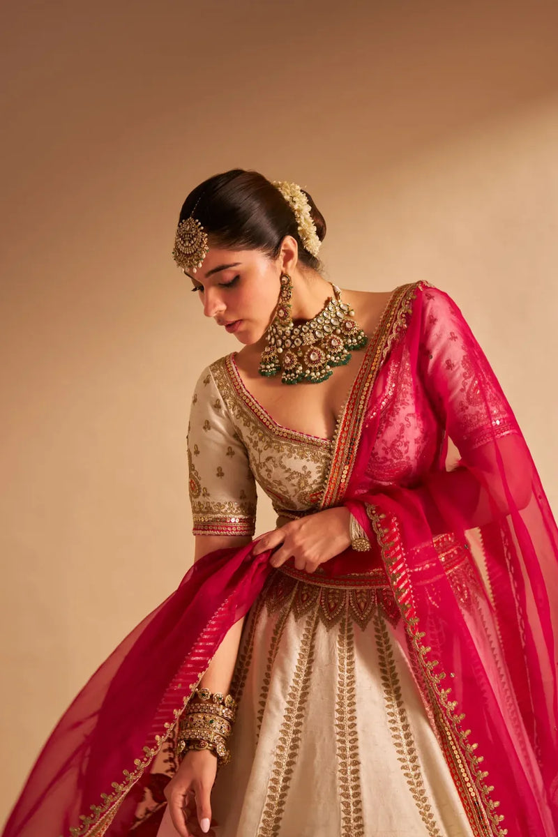Amara - Handcrafted Pure Silk Daisy Ivory Lehenga Set silk by SHEETAL BATRA in pink color for women in Singapore