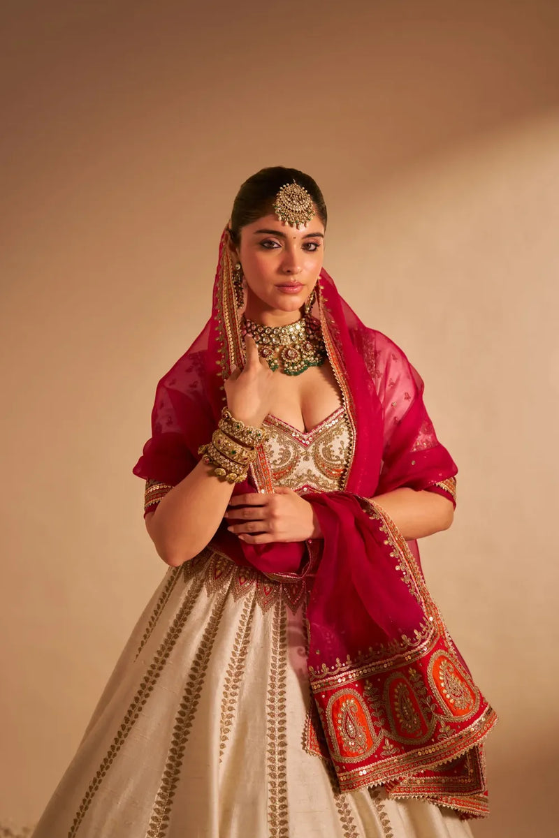 Amara - Handcrafted Pure Silk Daisy Ivory Lehenga Set silk by SHEETAL BATRA in pink color for women in Singapore