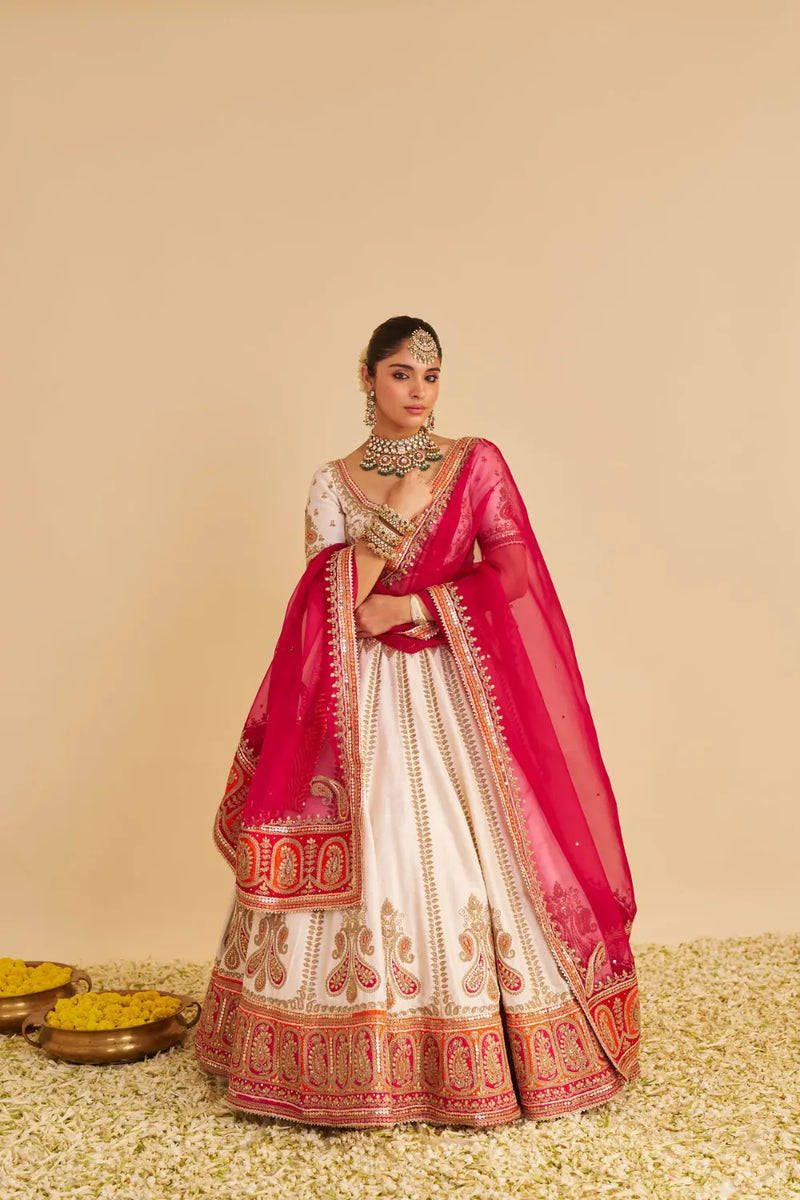 Amara - Handcrafted Pure Silk Daisy Ivory Lehenga Set silk by SHEETAL BATRA in pink color for women in Singapore