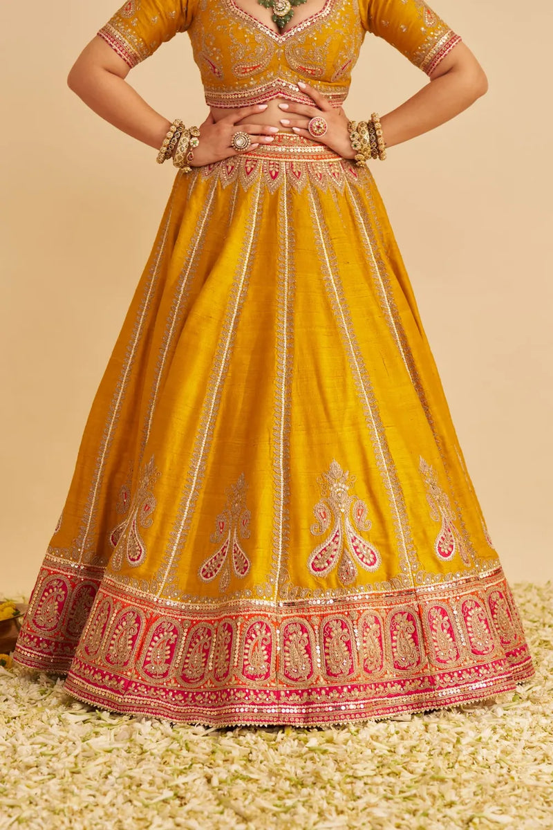 Amara - Hand Embroidered Raw Silk Mustard Bridal Lehenga Set silk by SHEETAL BATRA in mustard color for women in Singapore