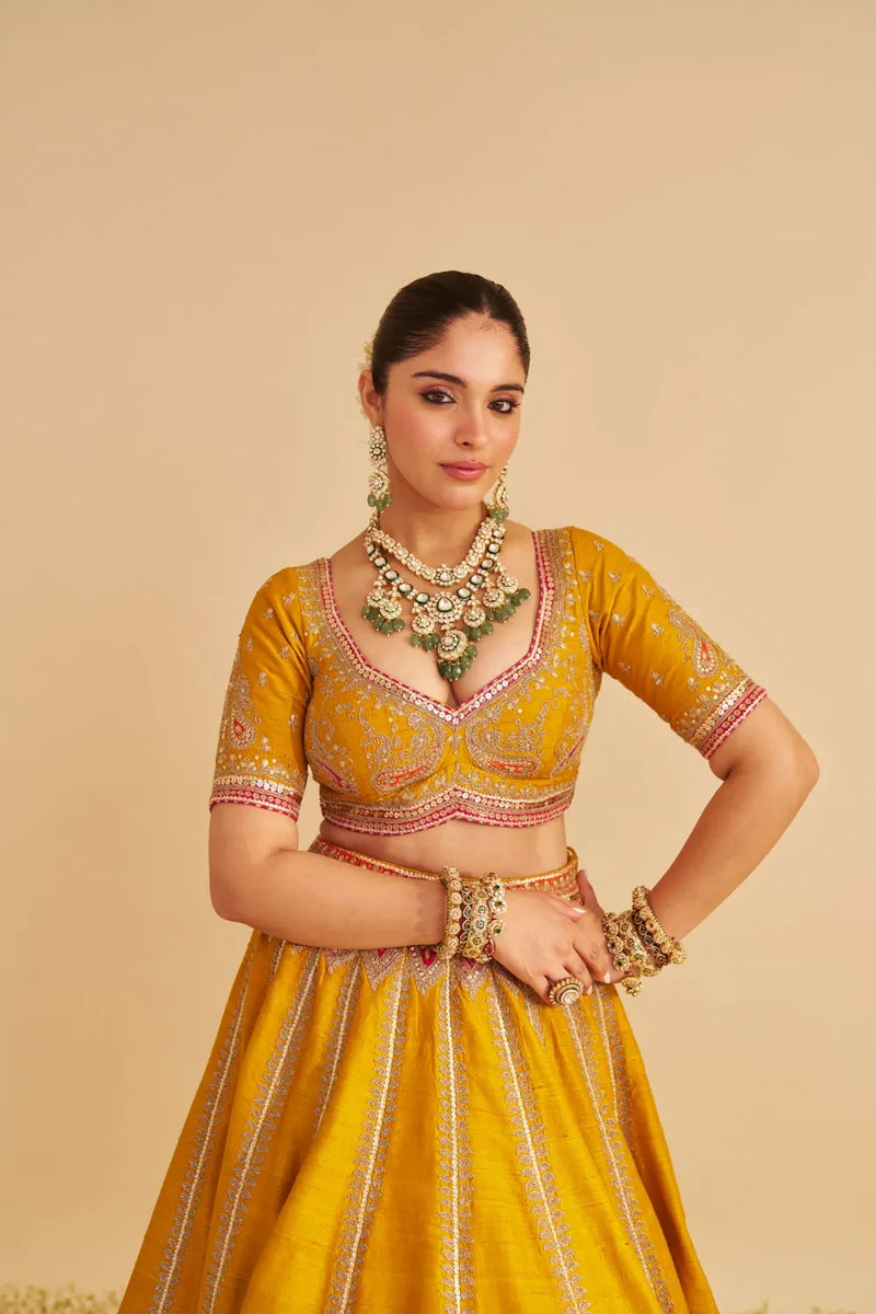 Amara - Hand Embroidered Raw Silk Mustard Bridal Lehenga Set silk by SHEETAL BATRA in mustard color for women in Singapore